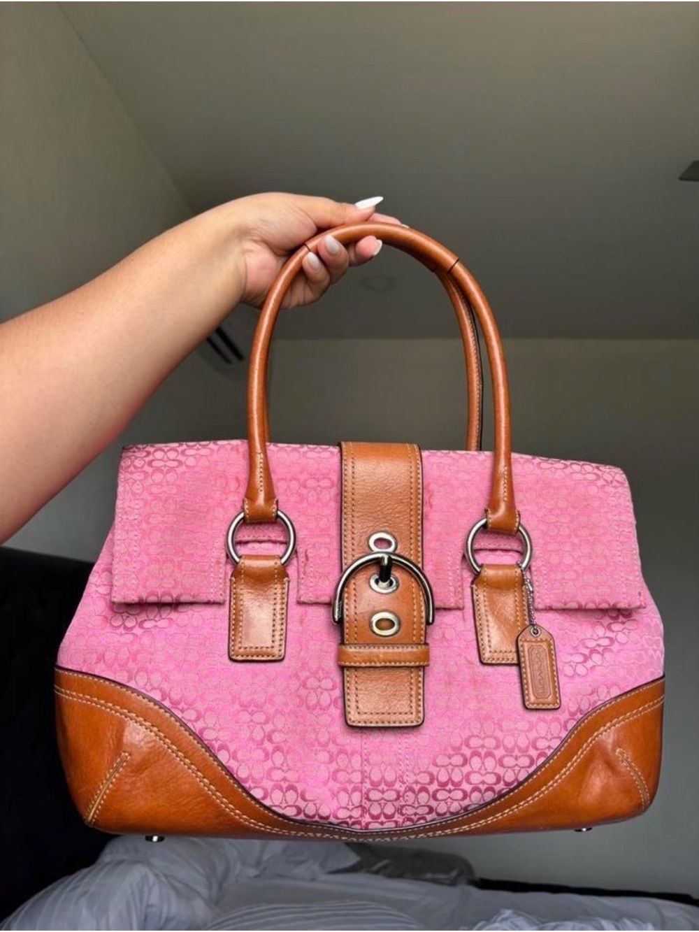 Vintage Coach Pink Leather-Trim Satchel Handbag